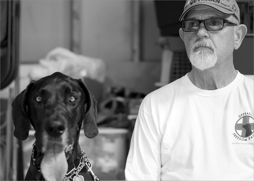 US Army Veteran Denny McLaughlin and his service dog Abbey. Like most Vietnam Vets, he lived silently with PTSD before being diagnosed and treated. Having Abbey changed his life. He could start leaving the house and walking to the store. Denny was awarded three Bronze Stars for his service in the Vietnam War.