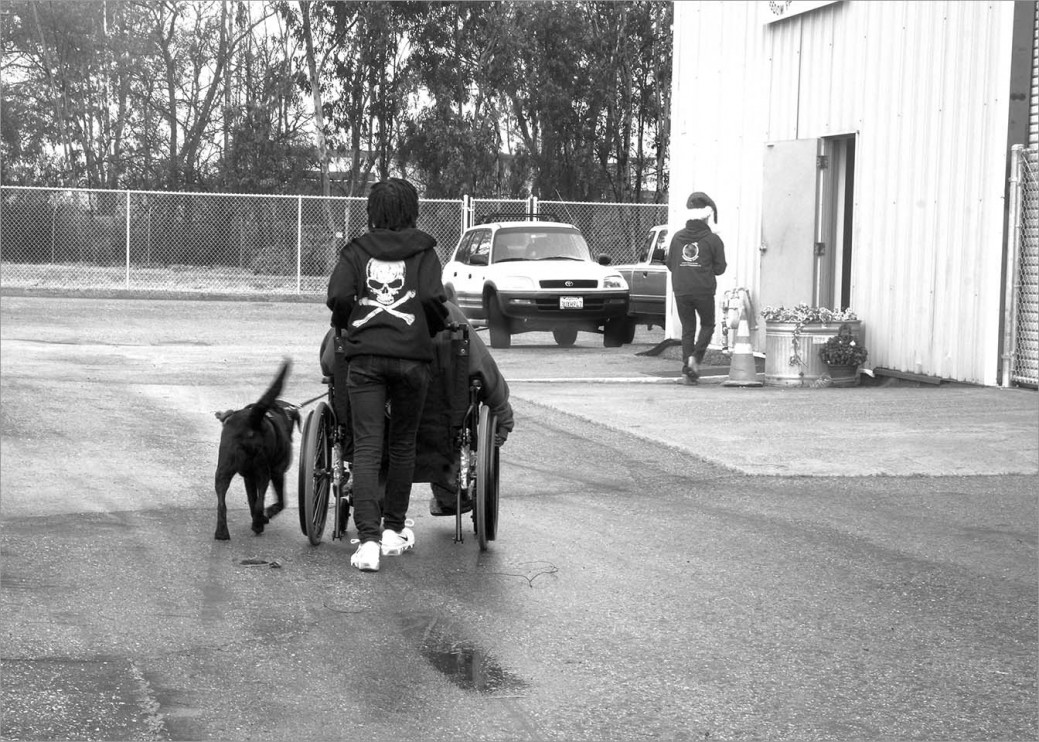 Veteran Leah Montoya, her daughter and service dog Rufus head into the main building at Operation Freedom Paws for the last training exercises of the day. Ahead of them is Phyllis a tireless supporter of OFP dressed as Santa’s elf. She is there for every holiday with home baked goodies and special treats, for people and dogs alike.